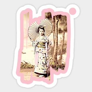 Japanese girl weaing a kimono with parasol Sticker